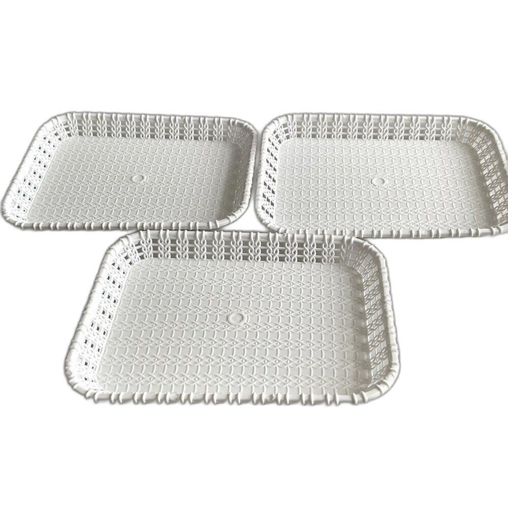 Set of 3 White Woven Plastic Dessert Serving Trays Display Plates